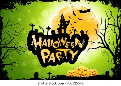 Halloween Party Poster with Haunted House. Holiday Card with big Moon, Cemetery and Zombie Hands.