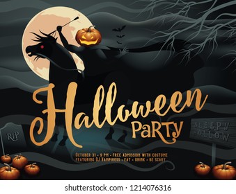 Halloween party poster with the Headless Horseman. The Hessian Trooper stands in holding his riding crop. EPS 10 vector illustration.