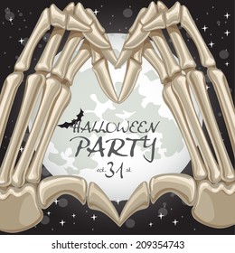 Halloween party poster with heart shape from fingers bones on moon background