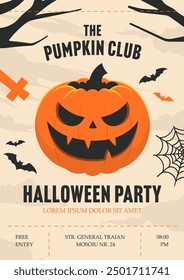  Halloween party poster. Helloween night, creepy carnival celebration, advertising placard design, promotion flyer. Spooky October holiday card template