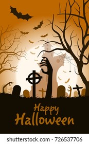 Halloween Party Poster. Holiday Card with Cemetery and Zombie Hands and a Haunted House in the Background. Halloween Invitation or Halloween Party Poster Backdrop