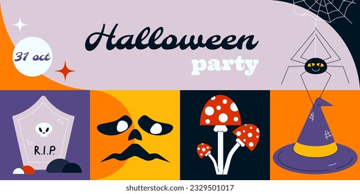 Halloween party poster with holiday symbols, witch hat, spider, web, poison mushrooms, tomb, scary face. Modern Helloween banner background. Flat vector illustration