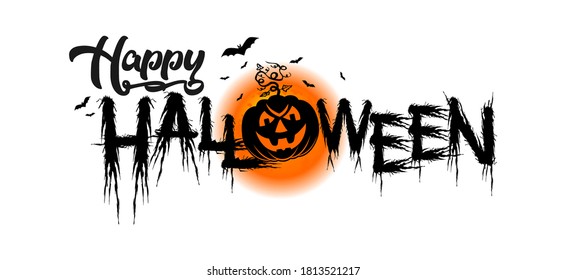 Halloween party poster with horror elements: full moon, smile pumpkin, bat. Illustration, vector