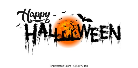 Halloween party poster with horror elements: full moon, cemetery, crosses, zombie dead hand,, bat. Illustration, vector