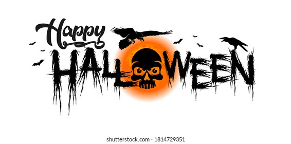 Halloween party poster with horror elements: full moon, skull, flying crow, bat. Illustration, vector