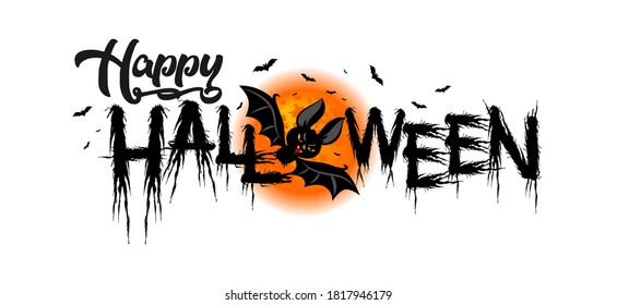 Afiche de la fiesta de Halloween con elementos de horror: luna llena, vampiro volador, murciélago. Ilustración, vector
