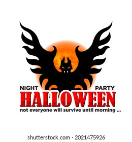 Halloween party poster with horror elements. Full moon, flying vampire, bat. Illustration, vector
