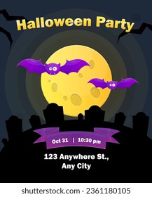Halloween Party Poster  Illustration Graveyard  Purple Full Moon Bats Spooky Night Colorful Cartoon Card Vector Design