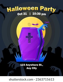 Halloween Party Poster  Illustration Graveyard Purple Coffin Blue Zombie Hand Full Moon Bats Spooky Night Colorful Cartoon Card Vector Design