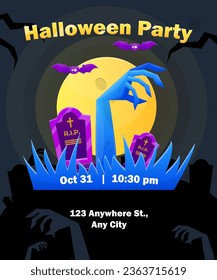 Halloween Party Poster  Illustration Graveyard Blue Zombie Hand Full Moon Bats Graves Spooky Night Colorful Cartoon Card Vector Design
