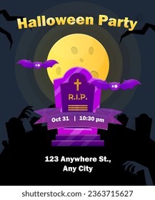 Halloween Party Poster Illustration Graveyard Purple Full Moon Fledermäuse Zombie Spooky Night Colorful Cartoon Card Vektordesign