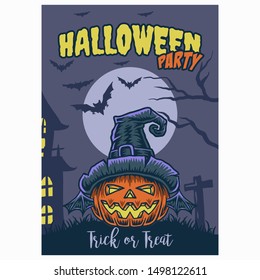 Halloween party poster illustration using a hand drawing style continued with digital coloring, this is a combination of hand drawing style and digital color