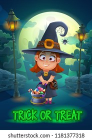 Halloween party poster invitation - beautiful witch with candies in a pot on dark landscpape in the moonlight. Vector illustration with text Trick or Treat.