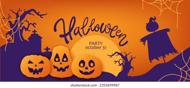 Halloween party
poster, invitation, card, holiday banner. Paper art pumpkins, cemetery, scarecrow, web, moon. Funny, cute characters.