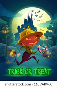 Halloween party poster invitation - cute guy with pumpkin on the head and candys in pot on dark landscpape in the moonlight. Vector illustration with text Trick or Treat.