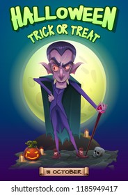 Halloween party poster invitation with a cute vampire dracula in the moonlight. Vector illustration with text.