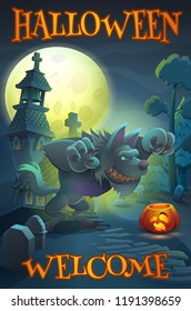 Halloween party poster invitation - cute werewolf on dark landscpape with spooky forest,cemetery and house in the moonlight. Vector illustration with text.