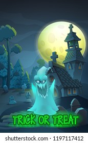Halloween party poster invitation - cute ghost on dark landscpape with spooky forest,cemetery and house in the moonlight. Vector illustration with text.
