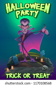 Halloween party poster invitation with a dracula in the moonlight. Vector illustration.