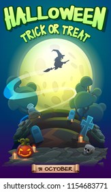 Halloween party poster invitation with a flying witch on the broom in the moonlight. Vector illustration.