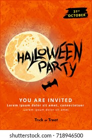 Halloween party poster  invitation with lettering on the orange texture background. Vector illustration.