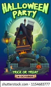 Halloween party poster invitation with a scary house in the moonlight. Vector illustration.