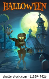 Halloween party poster invitation - scary zombie on dark landscpape with spooky forest,cemetery and house in the moonlight. Vector illustration with text.
