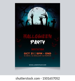 Halloween party poster invitation with spooky zombie hand in graveyard background