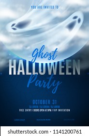 Halloween party poster invitation. Vector illustration with realistic full moon and ghosts on dark blue background with spider web pattern. Invite to nightclub.