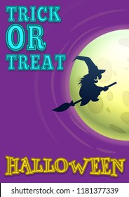 Halloween party poster invitation - witch flies on a broomstick in the moonlight. Vector illustration with text.