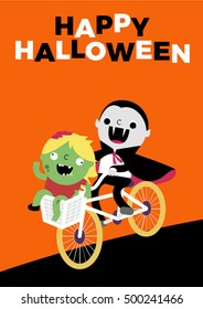 Halloween Party Poster Invite Vector Illustration featuring cute Zombie and Dracula trick or treating on a bike.