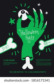 Halloween Party poster invite with zombie hand holding an eye. Layout template vector illustration in duo tone colors style. Good for typographic print, poster, card,  flyer,  placard and other promo 