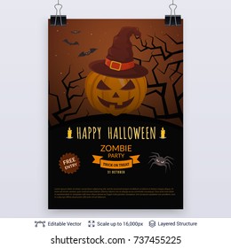 Halloween party poster. Jack pumpkin in witch hat. Vector layered background with text block.