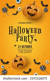 Halloween Party Poster With Lettering. 3D Emotional Cartoon Smiling Pumpkins With Eyes, Candy, Bats On Yellow Background. Festive Flyer Design. Invitation Greeting Card. Vector. EPS 10