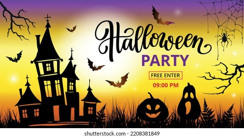 Halloween Party poster with lettering, castle, bats, spider and pumpkins. Vector design template for invitation, flyer, celebration banner. Vector illustration.