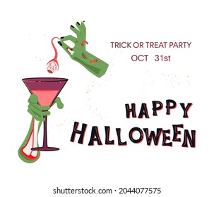Halloween Party poster. Lettering, dead zombie hand holding bloody cocktail isolated on white background. Flat Art Vector Illustration