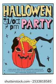 Halloween party poster with lettering featuring a woman in a leopard costume leaning on a large pumpkin, vector illustration retro style.