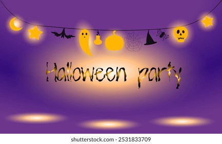 Halloween Party Poster with Light Garlands with Halloween Characters