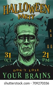 Halloween party poster with monster, zombie, house, tree and bats