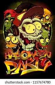 Halloween party poster with monsters crowd, hand drawn vector illustration