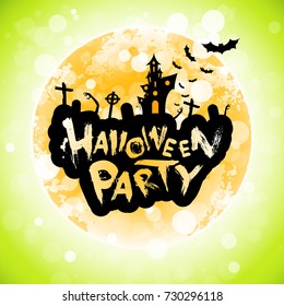 Halloween Party Poster with Moon. Holiday Card with Moon, Cemetery and Zombie Hands. Halloween Invitation.