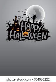 Halloween party poster with moon zombie silhouette house