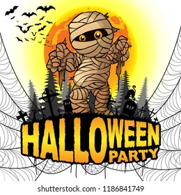 Halloween Party Poster with mummy on a white isolated background. Vector illustration.