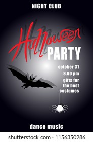 Halloween party, poster nigt club bat and spider on web thread on black background. Vector Illustration