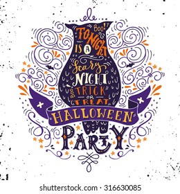 Halloween party poster with an old owl, hand lettering, banner and ornaments. Tonight is a very scary party. Trick or treat. This illustration can be used as a greeting card, poster or print.