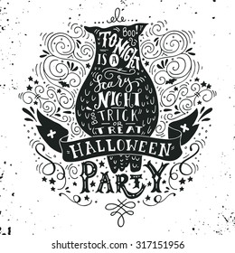 Halloween party poster with an old owl, hand lettering, banner and ornaments. Tonight is a very scary party. Trick or treat. This illustration can be used as a greeting card, poster or print.