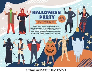 Halloween party poster on memphis background. Women and men are wearing of cartoon costume on Halloween party. Pumpkin, vampire, death, ghost,  witch, Frankenstein, pirate, devil, catwoman.