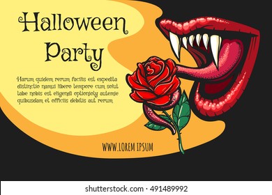Halloween Party Poster with open vampire mouth and black rose flower. Vector illustration.