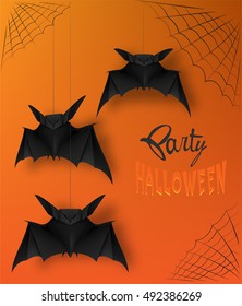 Halloween party poster with origami bats and spiderweb. Vector Illustration