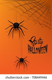 Halloween party poster with origami spiders and spider web. Vector Illustration